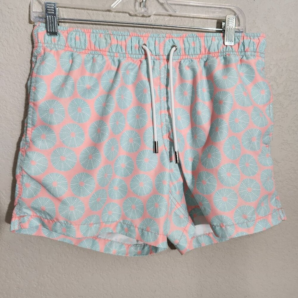 Apres Swim Trunks Mens Medium Drawstring Back Pocket Pink Blue Umbrella